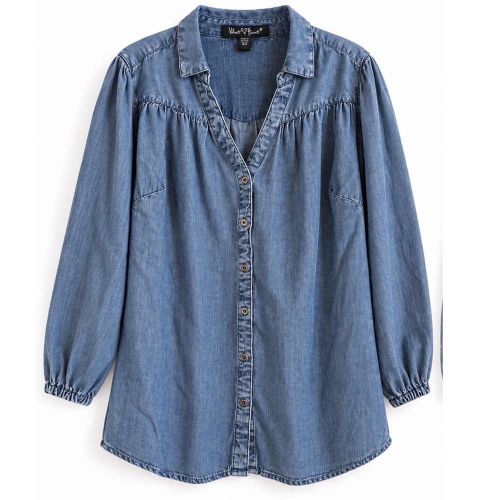 Velvet Heart Women 2X Tencel Denim Button Down Shirt Blue Long Sleeve Blouse NEW